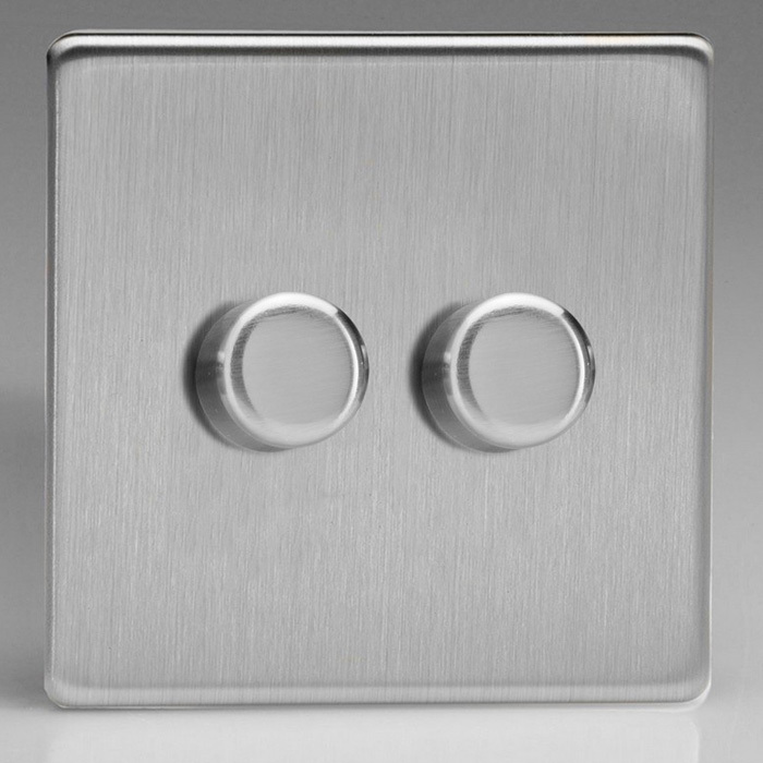 Dimmer Switch 2 Gang Brushed Steel Image 1