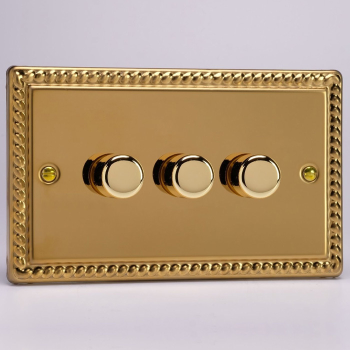 3-Gang 2-Way Georgian Brass LED Dimmer Image 1